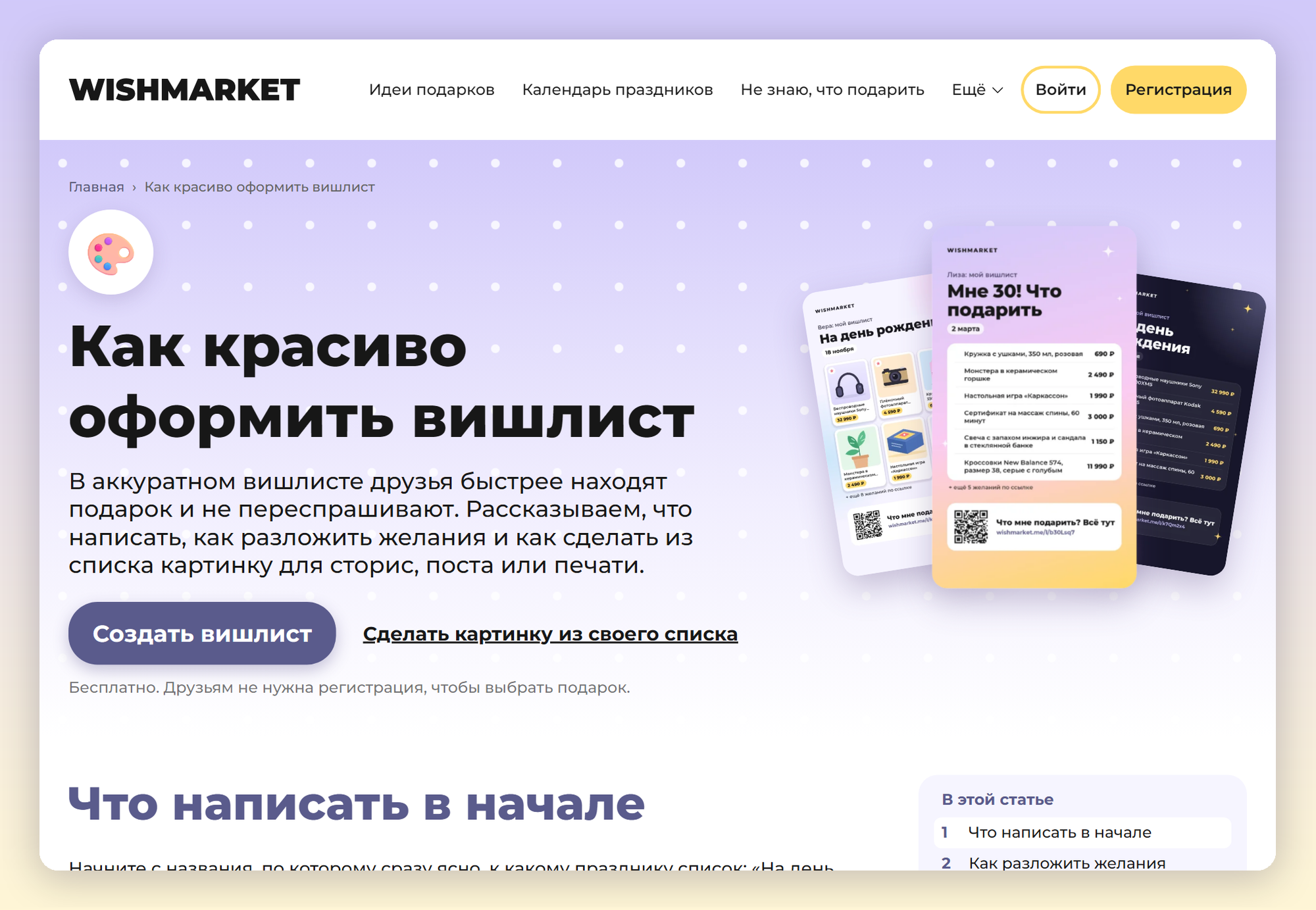 Начало статьи «Как красиво оформить вишлист» с примерами картинок списка